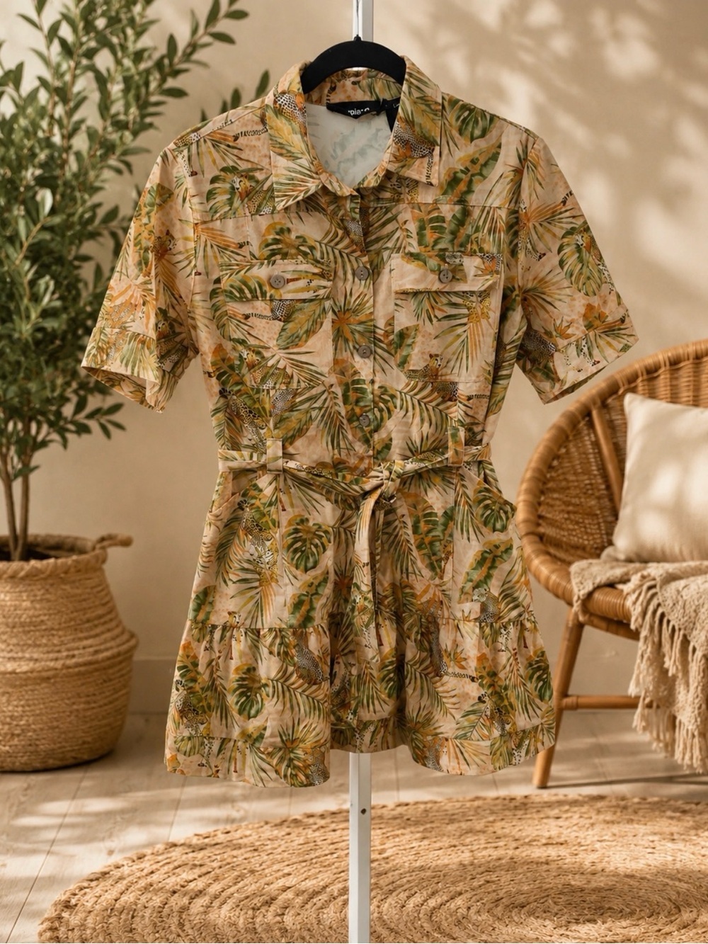 Desigual Tropical Safari Leopard Print Belted Shirt Dress Tiered Mini Sz L